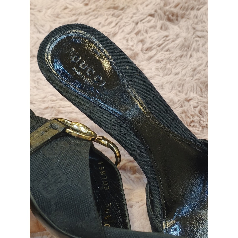 Gucci Horsebit GG Monogram Canvas Mules Black Stiletto Sandals 138703 Size 38.5 - Picture 3 of 11